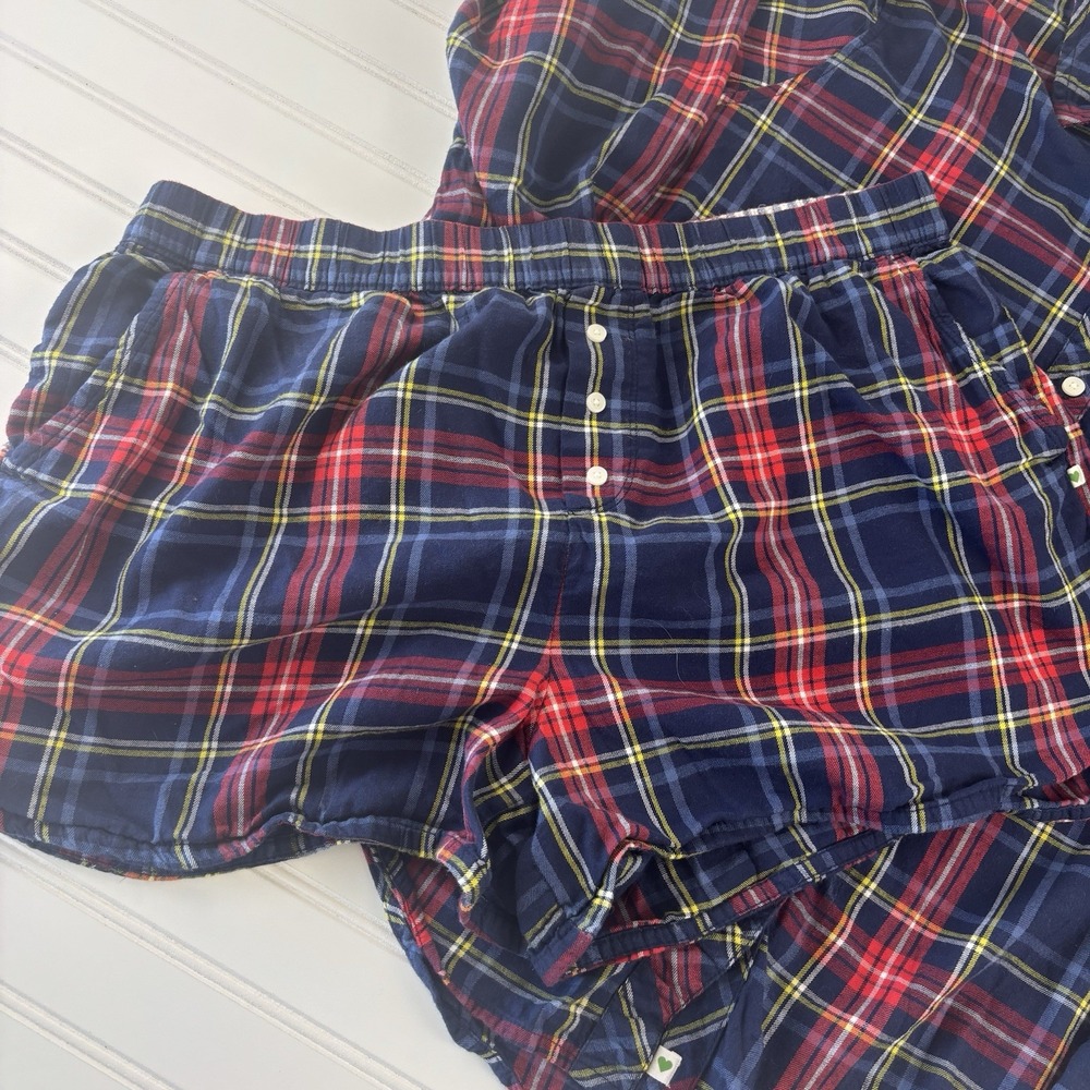 Aerie Women's Flannel Pajama Set Plaid LS Top XL Shorts XL Soft Red Blue Holiday - Picture 12 of 13